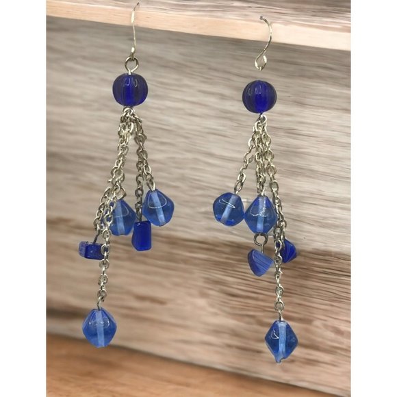 Blue Beaded Earrings Silver Tone Tassels Vintage Dangle - Picture 1 of 6
